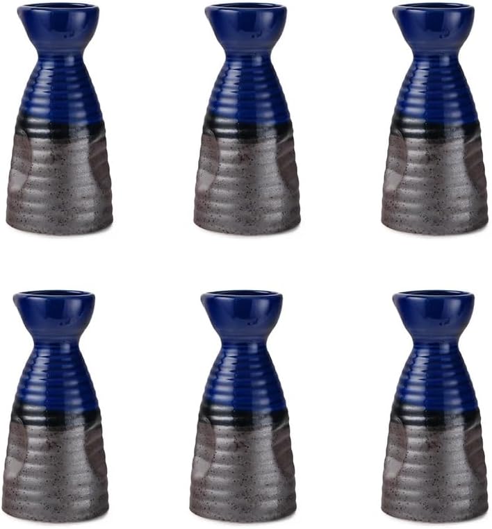 Ebros Gift Pack of 6 Made In Japan Contemporary Blue And Black Horizon Sky Glazed Ceramic Japanese Rice Wine Sake Tokkuri Flasks 5" H Pottery Heaven And Earth 'Ten To Ji' Design