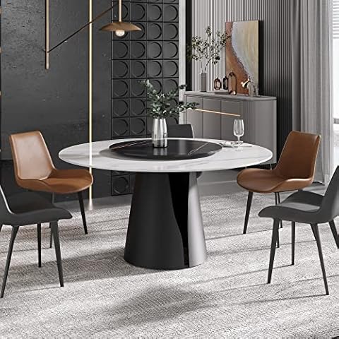 Sdorens Modern Round Dining Table for 8, White Sintered Stone Tabletop, Lazy Susan, Kitchen Table with Round Black Carbon Steel Base, 59" Cover