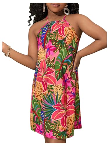 Girl's Tropical Floral Sleeveless Halter Dresses Sleeveless Vacation Holiday Short Cami Dress