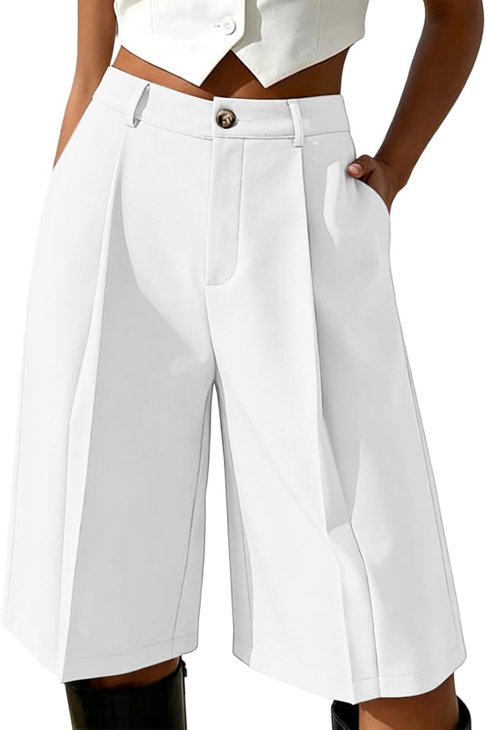 Womens High Waist Pleated Shorts Button Fly Wide Leg Solid Short Pants Business Casual Office Suit Shorts 2026