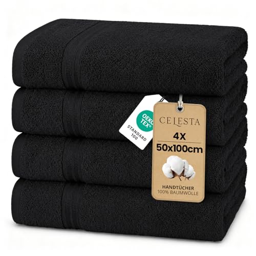 CELESTA Handtücher 50x100 cm Handtuch 4er-Set aus 100% ringgesponnene Baumwolle Oeko-TEX Zertifiziert Weich saugstark & schnelltrocknend Schwarz