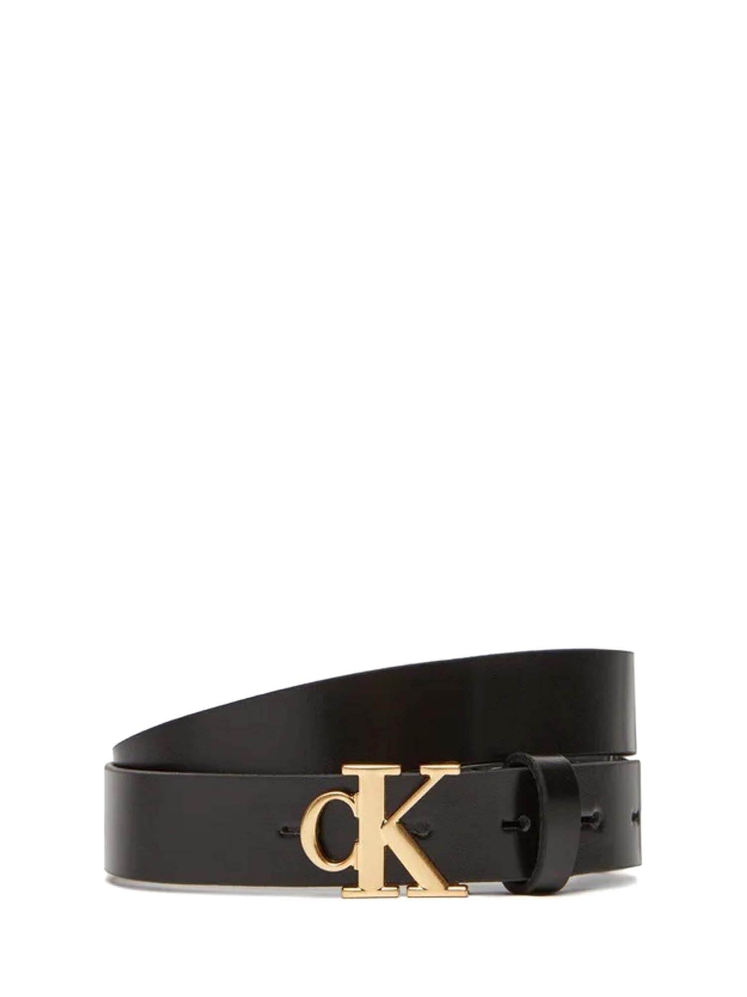 Calvin Klein Women's Monogram Plaque Buckle 2.5 cm Leather Belt, Black (Black), 33.5 inches