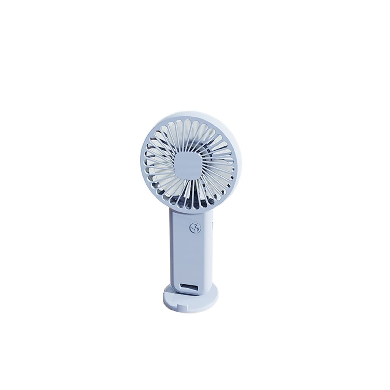 Mini ventilador USB de mano azul recargable con soporte teléfono escritorio