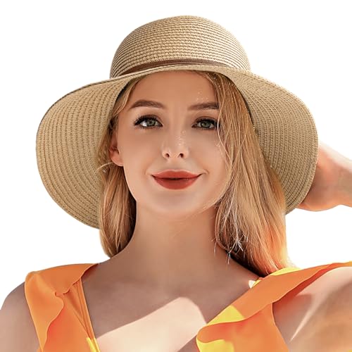 Image of Beach Sun Straw Hats for Women, UPF 50+ UV Sun Protection Wide Brim Summer Straw Hat Foldable Packable Roll up Cap