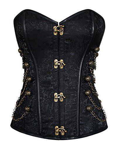 Charmian Women's Steampunk Gothic Spiral Steel Boned Brocade Waist Cincher Overbust Corset with Chains Buckle Black XXXXX-Large