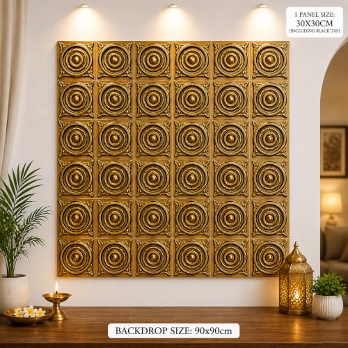 Image of SATYAM KRAFT 9 Piece Ganpati Bappa Backdrop, janmashtami Decor | Wall Panels (9 pcs set) | 30 x 30 CM Each Panel | 90 x 90 CM DIY Mandap Background | 9 Panels | Includes Double-Sided Tape (Golden)