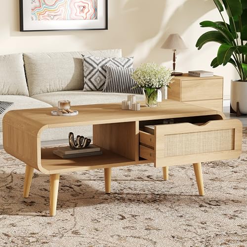 Keehusux 40.4' Natural Oak Coffee Table with Storage, Rattan Small Center Table with Drawer, Solid Wood Legs, Open Storage, Curved Design, Boho Dining Table for Living Room, Apartment, Office