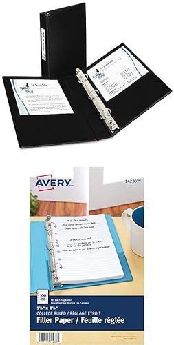 Avery 27257 Mini carpeta duradera con anillos redondos, 5 12 x 8 12, capacidad de 1 pulgada, negro + papel de relleno Avery, con rayas