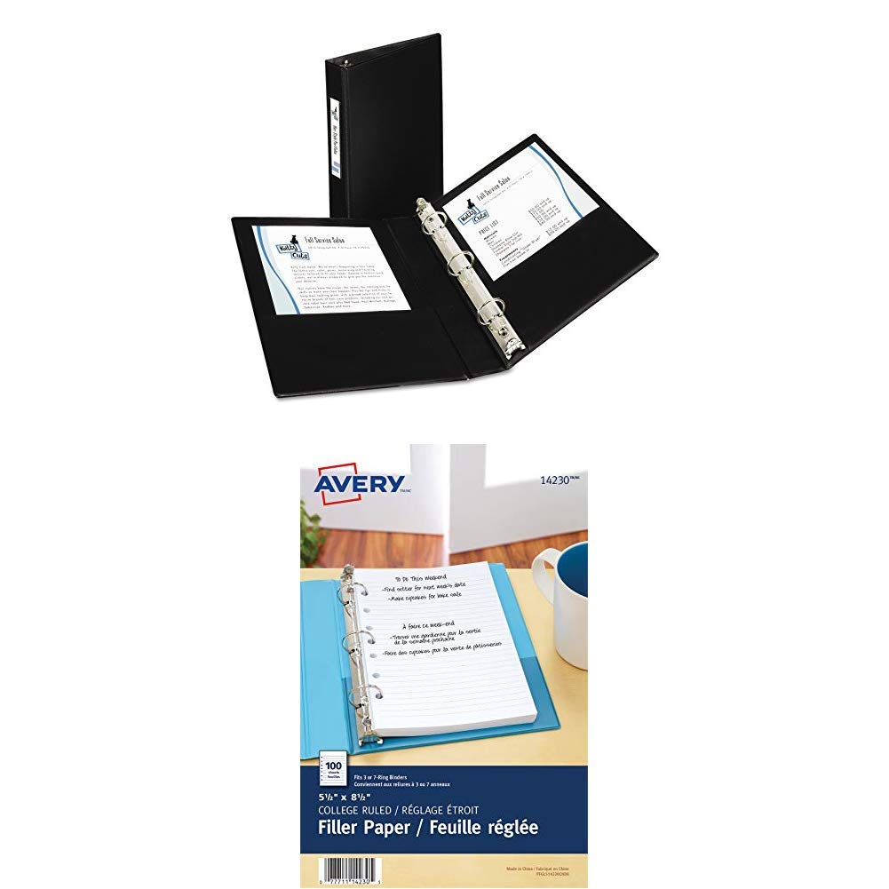 Avery 27257 Mini Durable Binder with Round Rings, 5 1/2 x 8 1/2, 1" Capacity, Black + Avery Mini Binder Filler Paper, College Ruled, 5-1/2" x 8-1/2", 100 Sheets (14230)