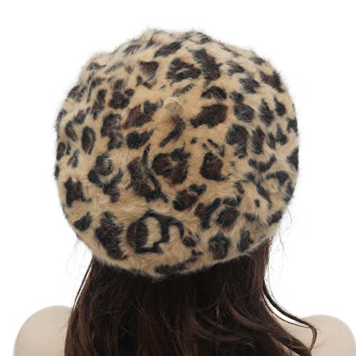 Zlyc Womens Rabbit Fur French Beret Hat Leopard Print Brown #TOP3