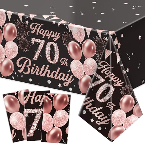Image of Labeol 3 Pack 70th Birthday Decorations for Women - Happy 70th Birthday Tablecloth, Black and Rose Gold 70th Birthday Table Cover, 54 x 108 Inch Rectangular Disposable Party Supplies