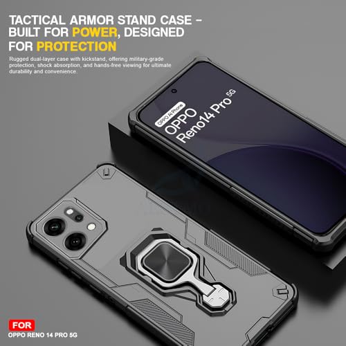 Image of AESTMO Armor Back Cover for Oppo Reno 14 Pro 5G | Ring Holder & Kickstand & Camera Protection in-Built | 360 Degree Protection Back Case Cover (Black)