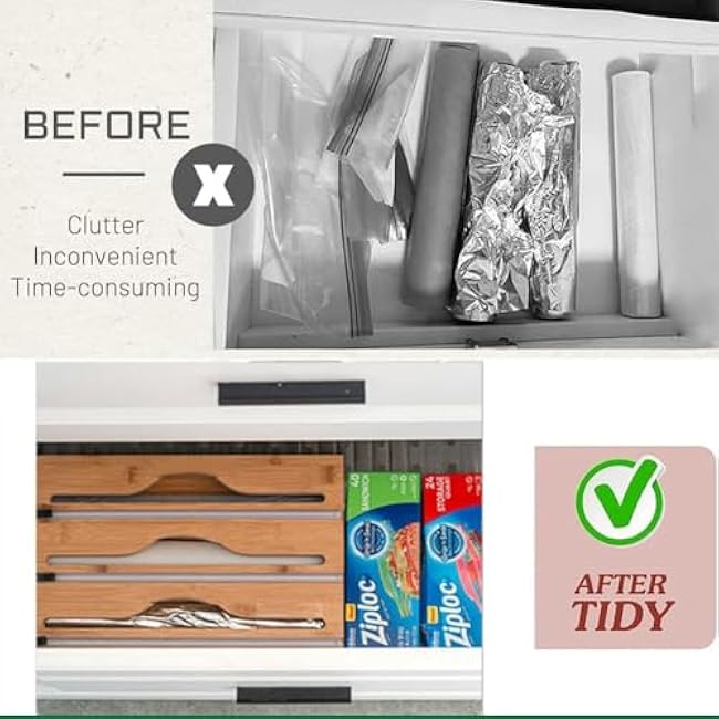 3 in 1 Plastic Wrap Dispenser with Cutter and Labels, Foil and Plastic Wrap Organizer, Aluminum Foil Organization and Storage, Foil Organizer for Drawer, Bamboo Aluminum foil Holder for 12.5Roll Wrap