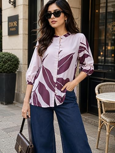 Image of NAINVISH Printed Top Short Sleeve Button Down V Neck Lightweight Soft Fabric Casual Office Summer Stylish Patterned Womens Comfort Fit Regular Top