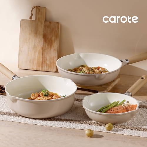 Image of CAROTE 8 inch Ceramic Frying Pan Skillet, Non Stick Frying Pan Chef's Pan, Healthy & PFOA /PFAS Free, Induction-Compatible, Taupe