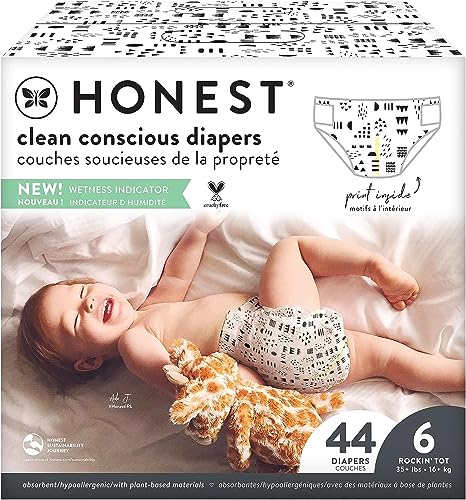 Image of The Honest Company Clean Conscious Diapers | Plant-Based, Sustainable | Pattern Play | Club Box, Size 6 (35+ lbs), 44 Count