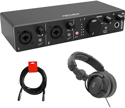 Arturia MiniFuse 2 Flexible Dual Portable USB Type-C Audio/MIDI Interface Black Bundle with Studio Pro Monitor Headphones and XLR-XLR Cable