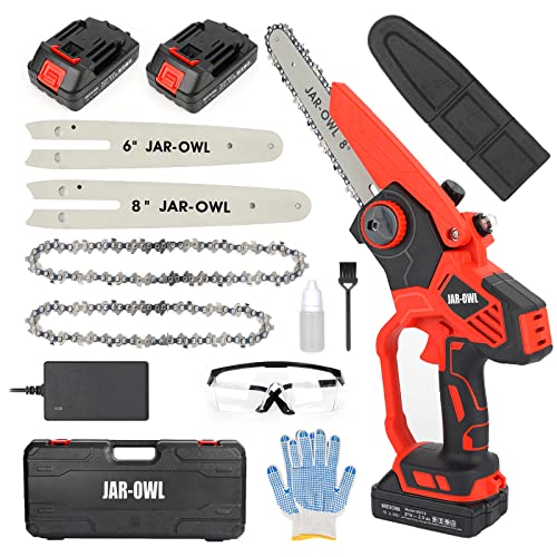 jar-owl Mini Chainsaw,Portable Power Mini Chainsaw Cordless,Handheld Chainsaw for Tree Branches,Courtyard, Household and Garden(2PCS 21V 2000mAH Batteries 6 +8 Inch Chains)