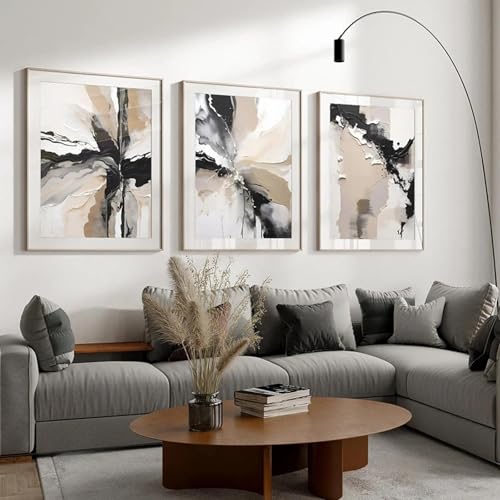 Art mural abstrait contemporain pour salon : triptyque de toiles noir et beige chic 80x110cm