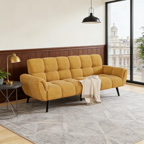 JIEXI Sofá cama futón, sofá cama moderno de lino de 195 cm con respaldos ajustables, amarillo, sofá convertible 4 en 1 para sala de estar, dormitorio (amarillo, 195 cm)