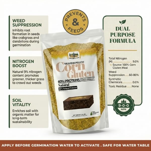 Old Cobblers Farm™ Wicked Repellent Corn Gluten - Lawn Care for Healthy Grass,Pre-emergant, Ground-Breaking Formula with Pure Corn Gluten (5/10/15/20 lbs) (5 lbs)