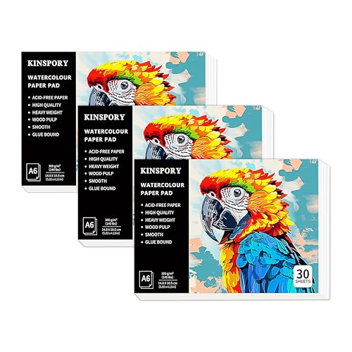 KINSPORY Aquarellpapier A6 mit 30 Blatt, 3er-Pack 300gsm Aquarellblock, kaltgepresstes Textur-Aquarellpapier, Wasserfarben Papier für Malerei, Zeichnung, Skizzen und Mischtechnik - 10,5 x 14,8 cm