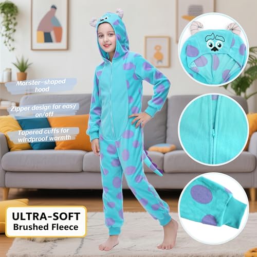 Wbesty Blue Monster Costume for Kids Furry Onesie Monsters Cosplay Halloween & Christmas Kids Animal Onesie Costume, 6-8Y - Image 2