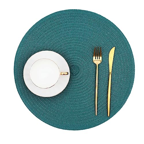 Image of SHACOS Round Placemats Set of 6 Washable 15 inch Round Table Mats Cotton Polyester Woven Braided Place Mats for Dining Table, Teal Green