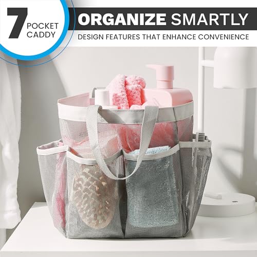 Handy-Laundry-Mesh-Shower-Caddy--7-Pocket-Portable-Organizer-Tote-for-College-Dorm-Gym-Travel-Bathroom--Quick-Dry-Collapsible-Lightweight-Shower-Bag-with-Handle-Gray