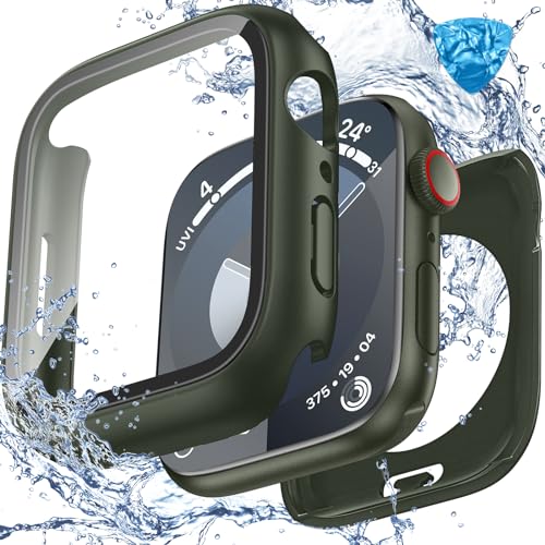Image of 3 in 1 Goton Waterproof Hard Case for Apple Watch Screen Protector 45mm, 360 Slim Full Protective Tempered Glass Face Cover + Back Hard PC Bumper for iWatch Series 9 /8 /7, 45mm Green