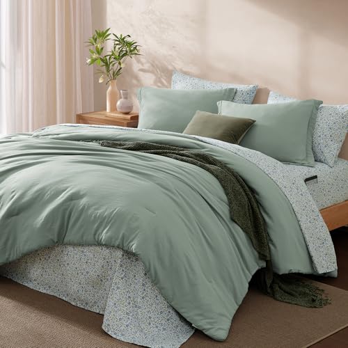 Monbix Full Size Comforter Set - 7 Pieces Sage Green Prewashed Bed in a Bag Full Bedding Sets with Comforters, All Seasons Ultra Soft Comforter Bed Set with Sheets,Pillowcases & Shams