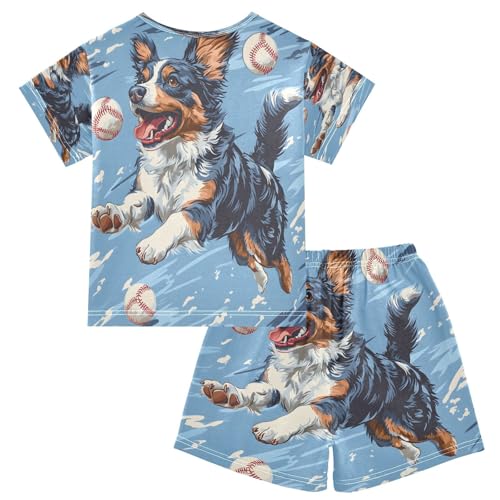 ALAZA Baseball Dog Blue Pajamas Set Short Sleeve Cotton Sleepwear Summer Pjs 2 Piece 5-14Y2