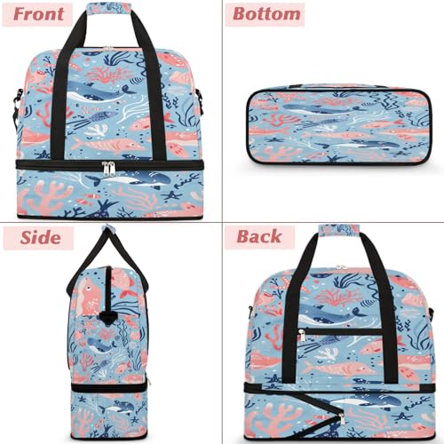 Travel Duffel Bag with Shoe Compartment, Tropical Sea Creatures Shoulder Weekender Bags for Women, Foldable Waterproof Travel Bag Carry on Bag3