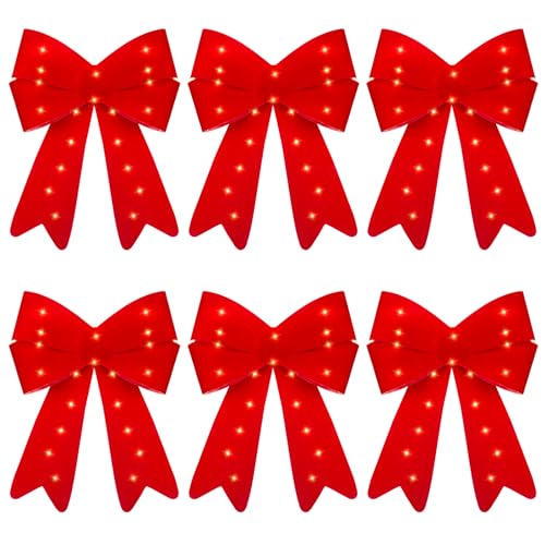 Zeyune 6 Pcs 10.63 x 15.35'' Velvet Red Christmas Bows with LED Lights Waterproof Christmas PVC Bow Large Plastic Lighted Bows for Christmas Tree Toppers Decor Wreath for Xmas Indoor Outdoor Decor