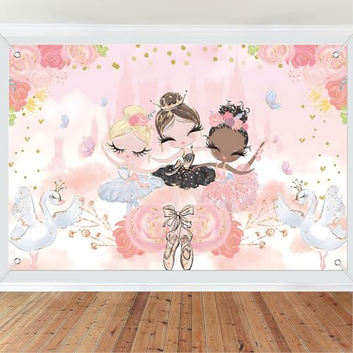 7x5ft Fabric Ballet Girl Photography Backdrop Swan Dancing Girls Ballet Shoes Tutu Background Pink Flowers Ballerina Birthday Party Decorations Banner Dance Party Backdrop