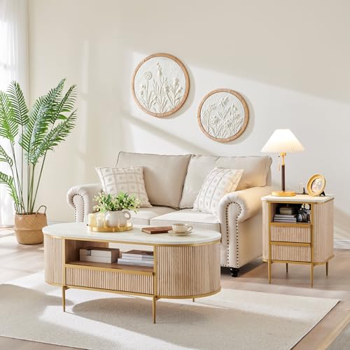 OKD Modern Luxury Fluted Coffee Table, 48" Oval Coffee Table with Drawer, Faux Marble Top, Curved Profile Design, Gold Metal Decor, Center Table for Living Room Natural Oak - Image 7