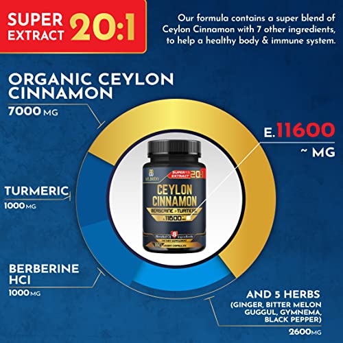 8In1 Ceylon Cinnamon Supplement Extract, Equivalent To 11600Mg - Blended Berberine, Turmeric, Ginger, Gymnema Sylvestre & More - 180 Capsules For 3 Months - Heart Health, Brain & Immune Support #TOP1
