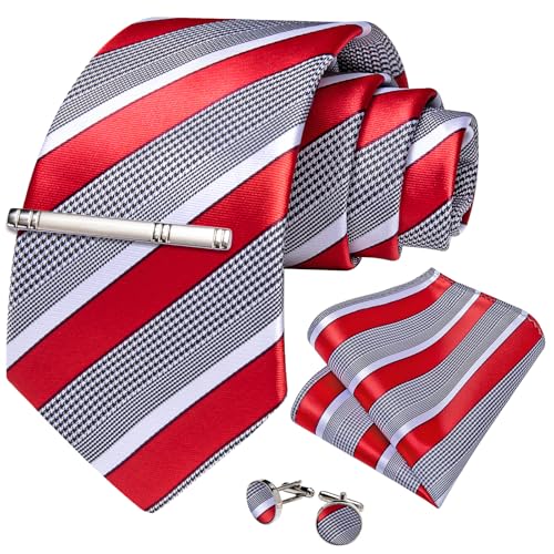 Image of DiBanGu Mens Tie Silk Plaid Striped Necktie and Pocket Square Cufflinks Tie Clip Set with Gift Box Formal Wedding Party