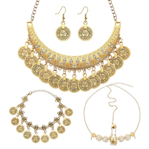 Boucles d'Oreilles Bracelet Collier Chaîne de Tête Style Vintage, Ensemble de Bijoux de Style Bohème, Parures Or Femmes pour Carnaval Fête