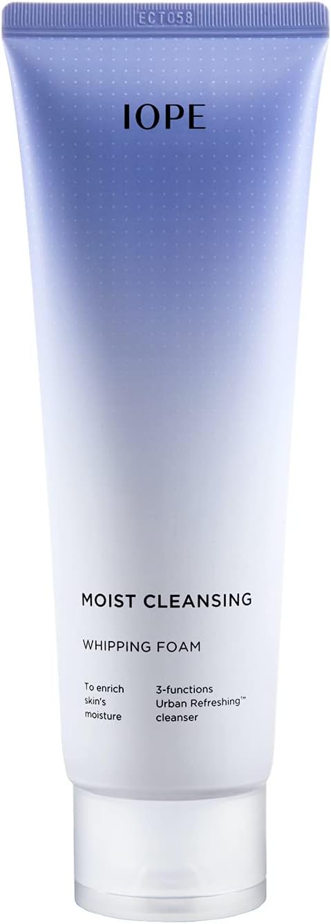 IOPE Face Wash, Moist Cleansing Whipping Foam, Daily Cleanser for Gentle Exfoliation, Makeup Remover for All Skin Types - Skin Hydration with Flower Extract - Korean Skin Care, 6.09 Fl Oz.