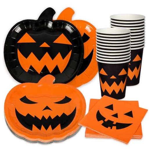 AnyDesign 72Pcs Halloween Party Dinnerware Set Orange Black Pumpkin Themed Paper Plates Cups Napkins Halloween Disposable Tableware Party Supplies for Spooky Themed Party Birthday, Serves 24 Guests