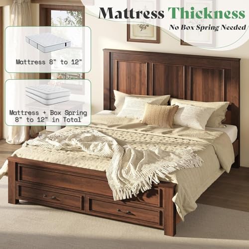 Image of AMERLIFE Farmhouse Full Size Bed Frame with 52.2 inch Tall Headboard & Footboard, Wood Platform Bed Frame with 2 Large Storage Drawers, Noiseless, No Box Spring Needed, Rustic Brown