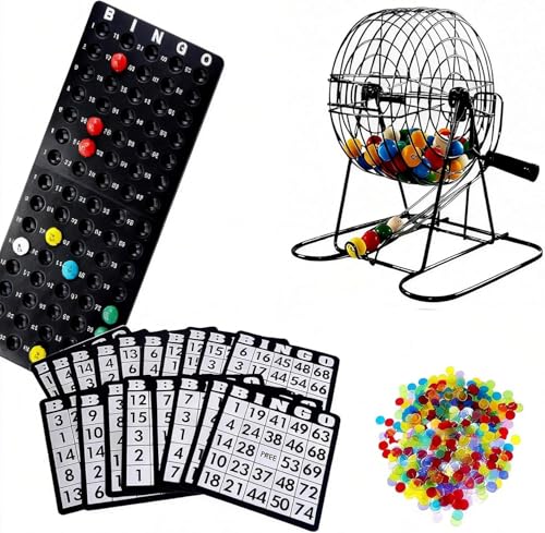 Deluxe Bingo Game Set - Metal Round Cage 75 Colored Bingo Balls 18 Bingo Cards 150 Mixed Chips and Master Board for Groups Parties-Fun Family Bingo Night