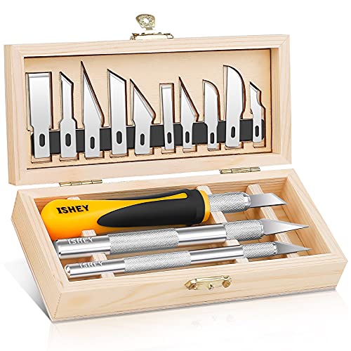 ISHEY 16-Piece Precision Hobby Knife Set, Sharp Pumpkin Carving Kit with Wooden Case, 10-Piece Replacement Blades Perfect for Scrapbooking, Cutting Fabric, Stencils, Wood Carving, Model ProjectsÂ¡Â­