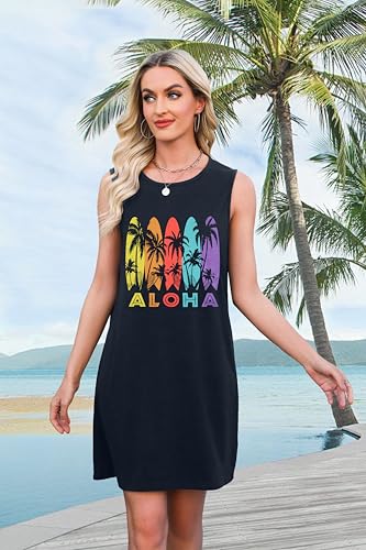 Image of MYHALF Summer Tank Dress for Women Sleeveless Beach Vacation Sundress Short Coconut Tree Sun Dress Casual Coverup