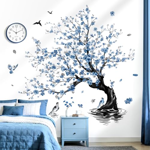 decalmile Stickers Muraux Grand Arbre de Fleurs Bleu Autocollant Mural Fleurs de Cerisier Aquarelle Oiseaux Décoration Murale Chambre Fille Salon Mur TV Bureau