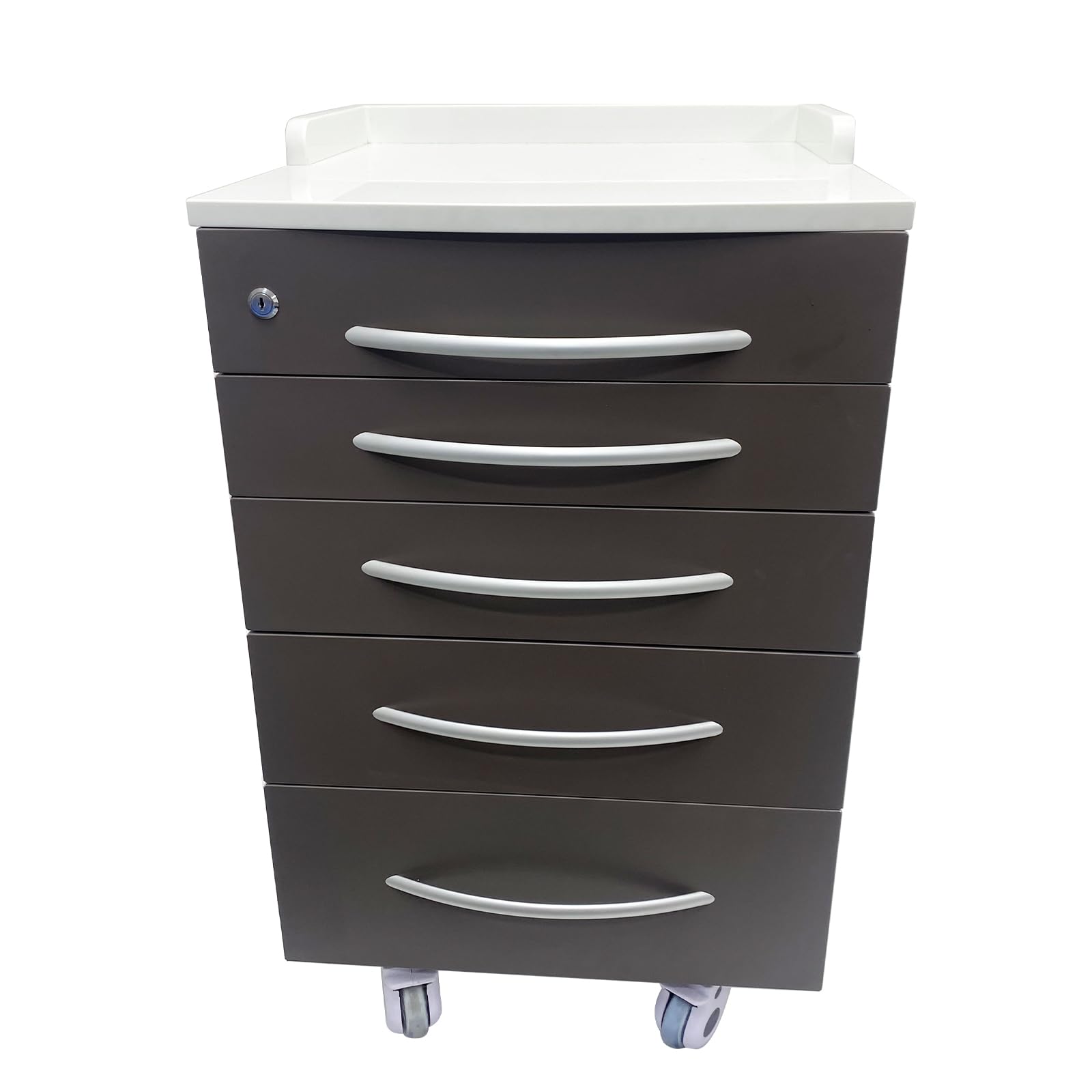 TECHTONGDA Mobile File Cabinet 5 Drawer Medical Dental Assistant's Mobile Cabinet Stainless Steel Utility Cart Brown Medical Storage Cart with Lock, 2 Divider Brackets and One Hidden Side Drawer