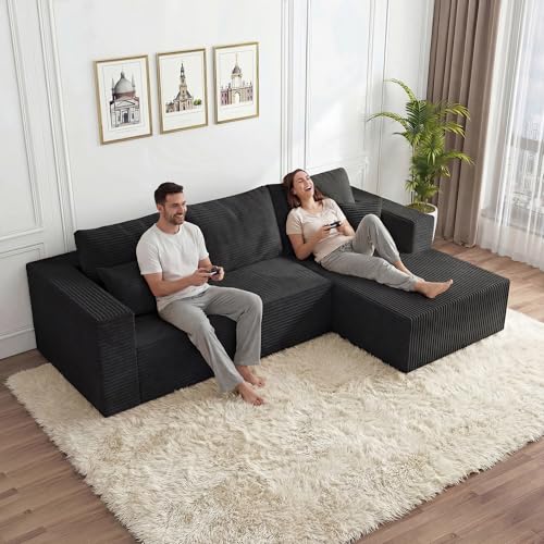 Image of 108 inch Modular Sectional Sofa, L-Shaped Cloud Couch with Deep Seats & Chaise, Convertible 4-in-1 Corduroy Boneless Couches for Living Room, Bedroom, No Need Assembly,Black(Right Facing Chaise)