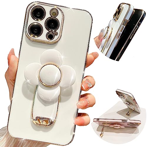 Coque iPhone 14 Pro Max avec béquille rotative 360 fleur rose et bordure dorée chic