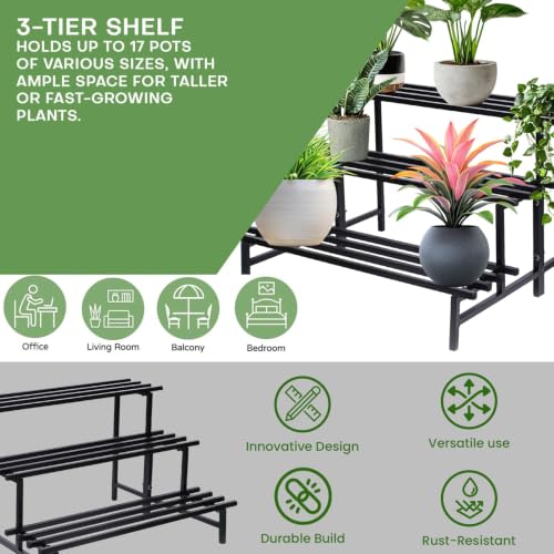 Image of Pivalo 3-Tier Rectangular Plant Stand Anti-Rust Metal Shelf Flower Pot Holder Outdoor & Indoor Planters Gamla Stands for Balcony & Living Room Home Decor (Set of 1, Black)